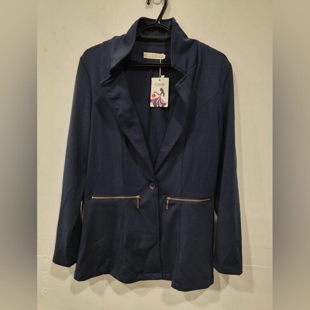 Genhoo- Navy Blue, Slim Fitted Zip Pocket Blazer